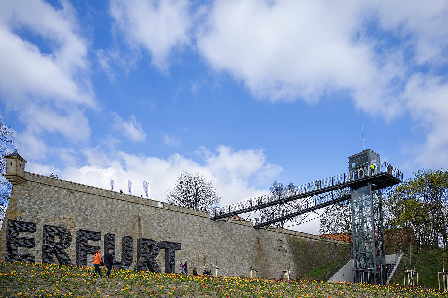 Ausblick auf eine Burgmauer mit Aussichtsplattform, vor der ein "Erfurt" Schriftzug auf einer Blumenwiese steht 