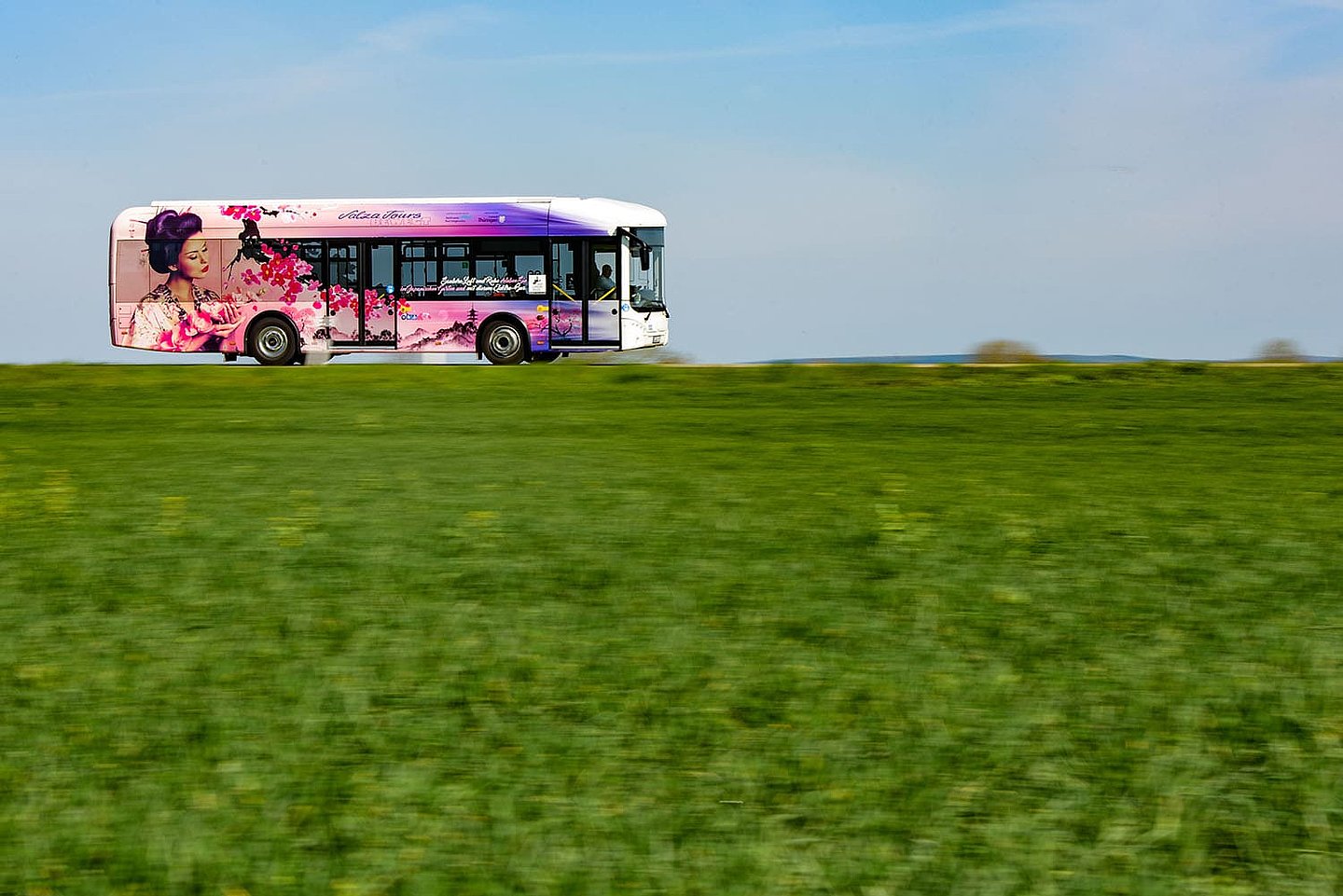 ein Bus fährt vorbei an einer grünen Wiese 