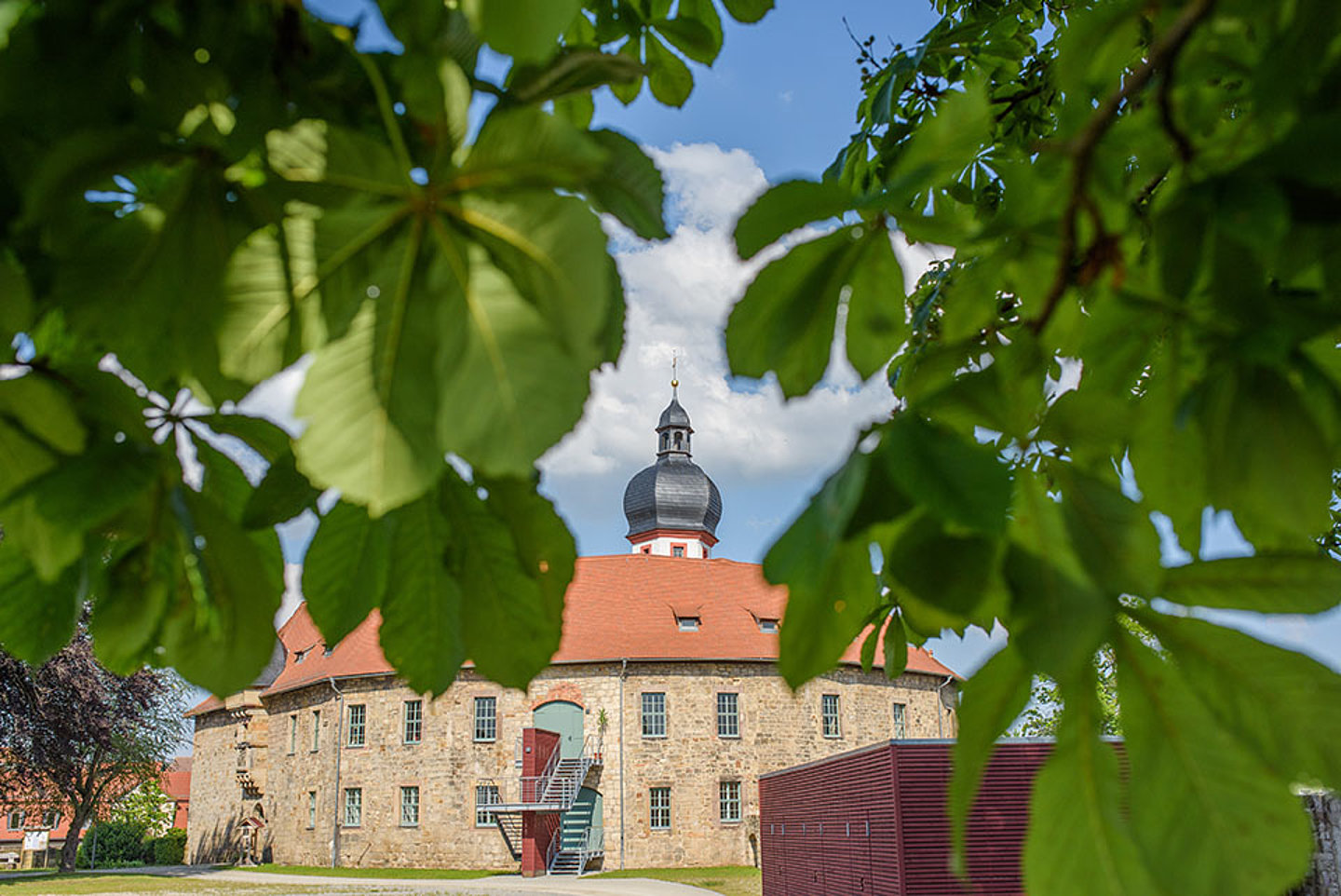 Schloss Blankenhain fotografiert durch ein Blätterdach